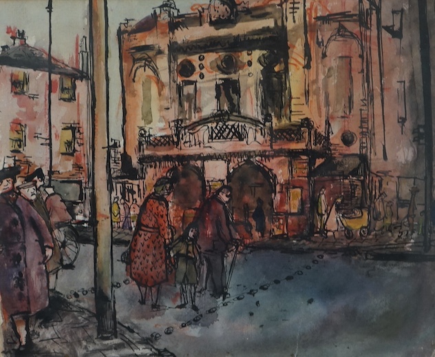 20th century School, ink and watercolour, Street scene with figures, unsigned, 26 x 30cm. Condition - fair to good